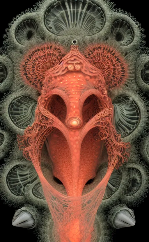 Prompt: gothic goddess intricate mask, eagle coral, jelly fish, mandelbulb 3 d, fractal flame, octane render, cyborg, biomechanical, futuristic, by ernst haeckel