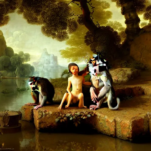 Prompt: monkey paradise, idyll scene, relaxed atmosphere, by rembrandt and wlop, intricate, detailed, photorealistic imagery, artstation