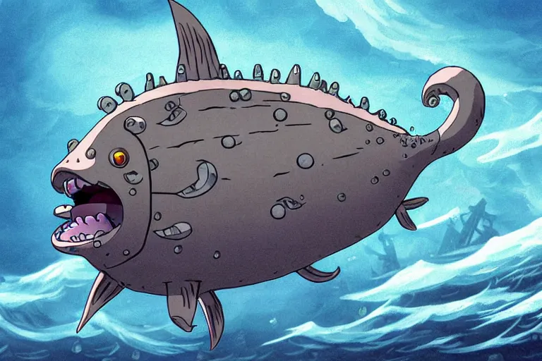 Image similar to cell shaded cartoon of a giant lovecraftian mechanized grey sunfish from howl's moving castle ( 2 0 0 4 ), in an icy river, full body, wide shot, very muted colors, post grunge, studio ghibli, highly detailed, deviantart, art by artgem