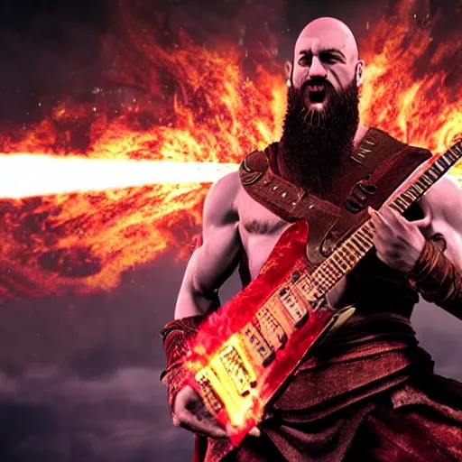 Image similar to kratos shredding on a flaming stratocaster guitar, cinematic render, god of war 2 0 1 8, santa monica studio official media, lightning, spartan rage, red stripe eye