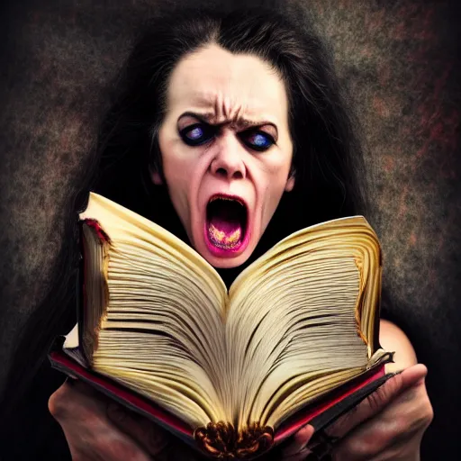 Prompt: enraged witch tearing her own book while screaming in frustration, comedy, fantasy, D&D, HDR, natural light, dynamic pose, award winning photograph, 8k, Mucha style,