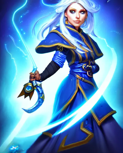 Image similar to perfectly - centered!! looking at the camera!!! full body portrait of the female blue mage, bright lighting, by hearthstone, concept art, hearthstone mastered art