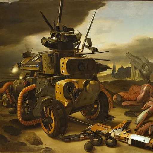 Prompt: Still life of a combat mech surrounded by its weapons, inspired by Pieter Claesz