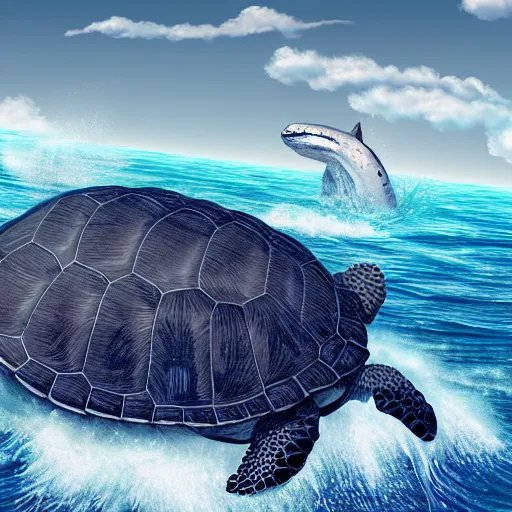 Prompt: a turtle riding a whale in the sea, 8k, digital art, photorealistic