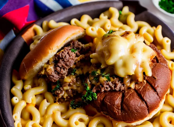 Image similar to dslr food photograph of hamburger over a bed of macaroni and cheese, thanos themed 8 5 mm f 1. 8