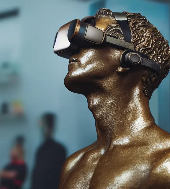 Prompt: a 4 k photorealistic photo medium shot of a bronze statue of a man wearing a vr headset on his head.
