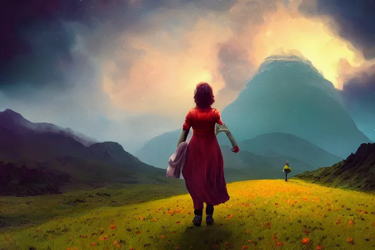 Image similar to giant dahlia flower as a head, girl walking on mountain, surreal photography, stars, dramatic light, impressionist painting, storm clouds, digital painting, artstation, simon stalenhag