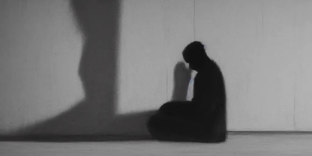 Prompt: a sad person with his head down sitting at a corner, black and white, dramatic light, obscure, strokes painting, close view