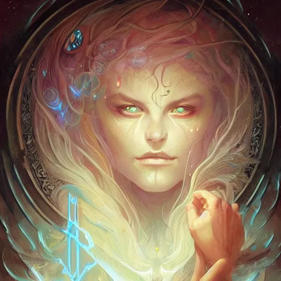 Image similar to a highly detailed beautiful portrait in the style of peter mohrbacher and in the style of jean delville. glowing rune of magical power.