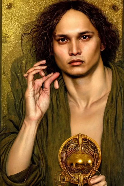 Prompt: hyper realistic portrait painting of frank dillane with intrincate detail, golden ornaments, and detailed face by godward, gustav moreau, saturno butto, boris vallejo, austin osman spare and david kassan, by bussiere. in romantic style, occult art, occult diagram, red and green color scheme.