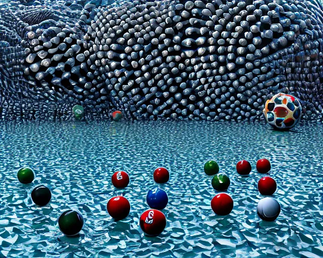 Image similar to a long shot of a giant award winning sculpture made out of billiard balls of a human head on the surface of the ocean, in the style of chad knight, hyper detailed, hyper realistic, ray tracing, 8 k resolution, sharp focus, realistic water