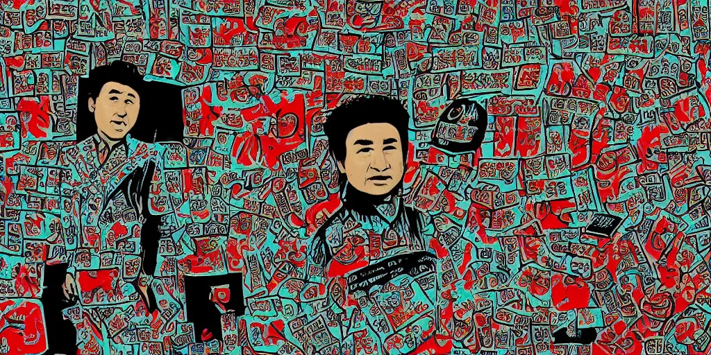 Image similar to uyghur Uighur in a prison behind bars, organ harvesting, in the style of daniel johnston and outsider art, 8k, line brush, overlaid with chinese adverts