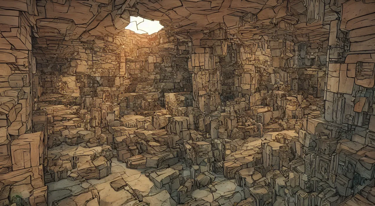 Image similar to wood wall fortress greeble block amazon jungle global illumination ray tracing that looks like it is from borderlands and by feng zhu and loish and laurie greasley, victo ngai, andreas rocha, john harris