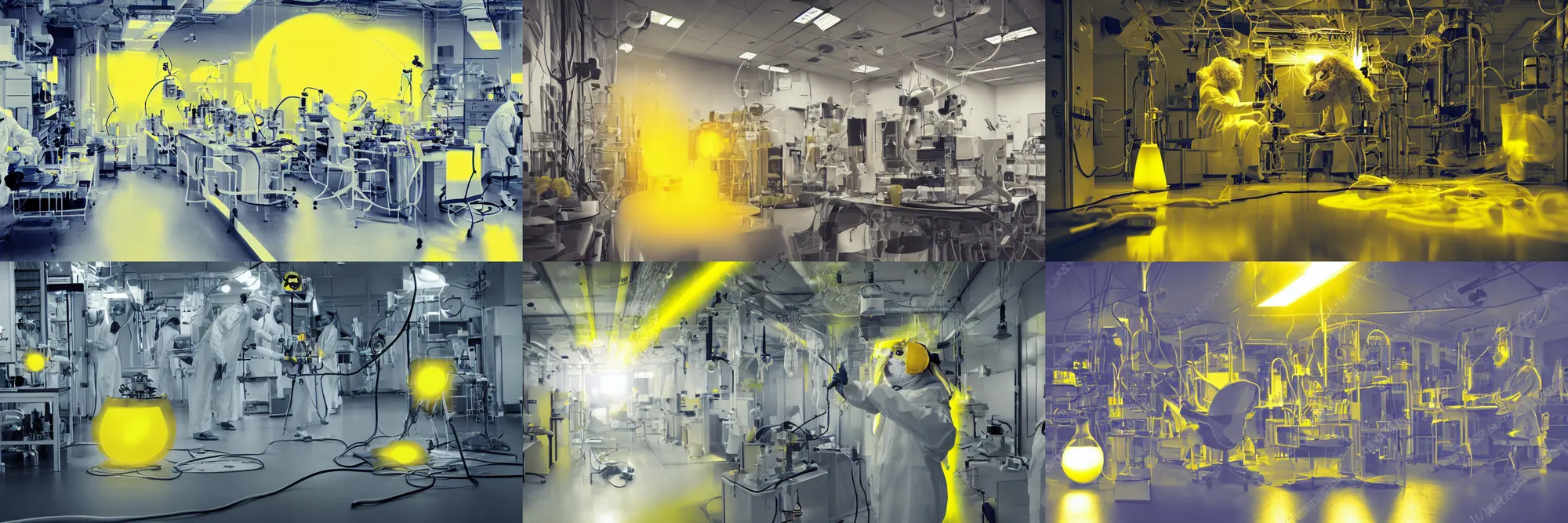 Image similar to hairy monster in laboratory clean room, photolithography, yellow artificial lighting, photorealistic