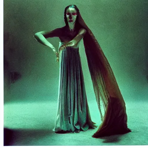 Image similar to 3 5 mm color photography, beksinski and annie liebovitz, vogue shoot of glitch nightmare