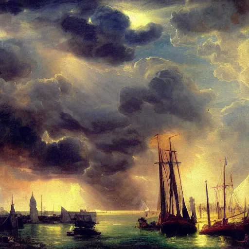 Image similar to oil painting of medieval harbour, storm clouds, sunrays, very very very very very beautiful bright art, american romanticism by goya, medieval castle, burning fires, colorful masterpiece, realistic and detailed