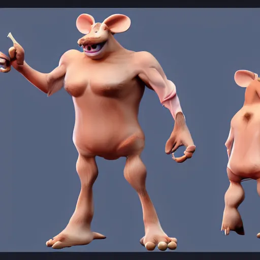 Image similar to a cute muscular rat wearing shorts, 3D render, Z-Brush sculpt, rayman style