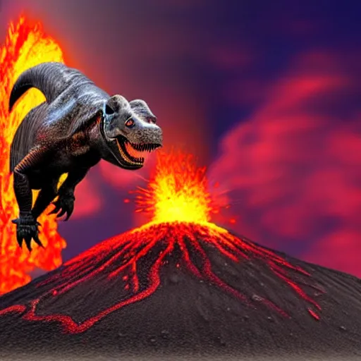 Image similar to Tyrannosaurus Rex jumping into volcano, lava erupting, fire, reddish sky, hyper realistic