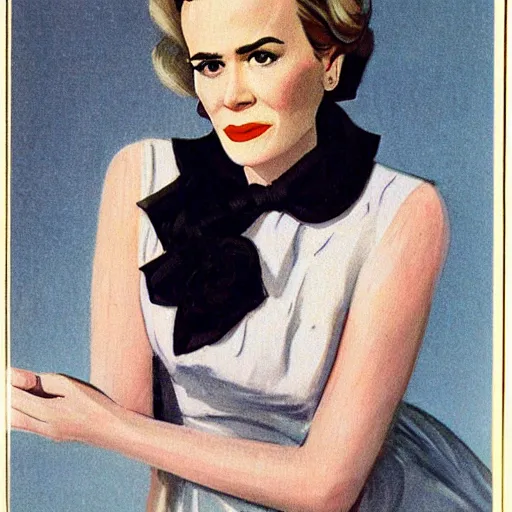 Prompt: “Sarah Paulson portrait, color vintage magazine illustration 1950”