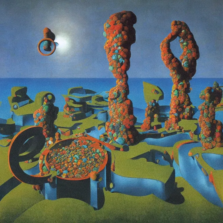 Prompt: A Monumental Public Sculpture of a 'Large Cyborg Mirror Portal made of Psychedelic Lichen ' on a pedestal by the Sea, surreal colorful oil painting by Rene Magritte and Max Ernst shocking detail hyperrealistic!! Cinematic lighting