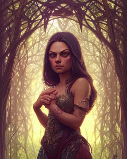 Image similar to symmetry portrait of mila kunis princess, forest background, intricate, elegant, highly detailed, digital painting, artstation, concept art, smooth, sharp focus, illustration, art by artgerm and greg rutkowski and fra angelico and alphons mucha