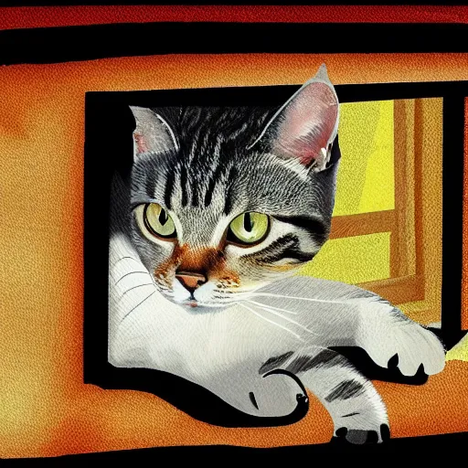 Prompt: a tabby cat looking trought the window, at a nuclear exlosion, digital art