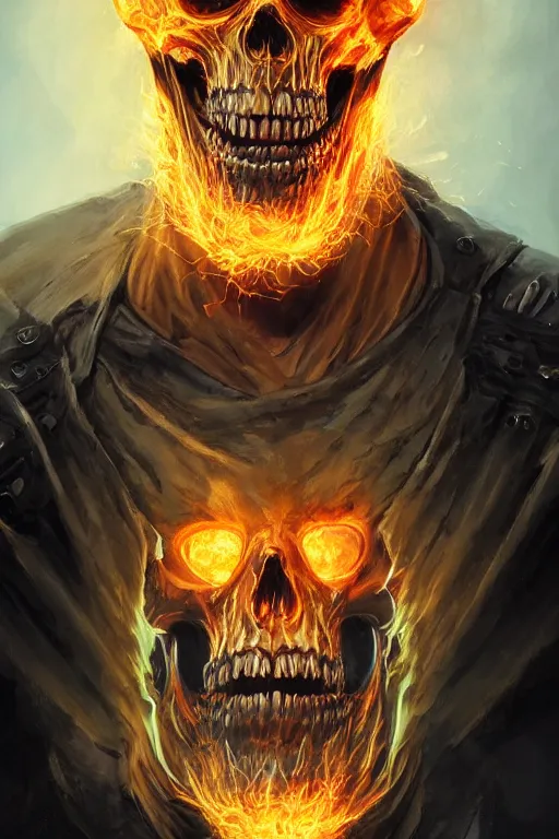 Image similar to Portrait of James Hetfield face transforming in Ghost Rider flaming skull, marvel comics, dark, intricate, highly detailed, smooth, artstation, digital illustration by Ruan Jia and Mandy Jurgens and Artgerm and Wayne Barlowe and Greg Rutkowski and Zdislav Beksinski