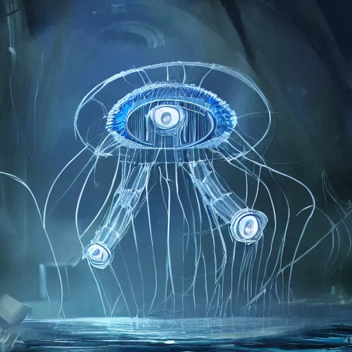 Prompt: a robotic jellyfish science fiction concept art by James Clyne