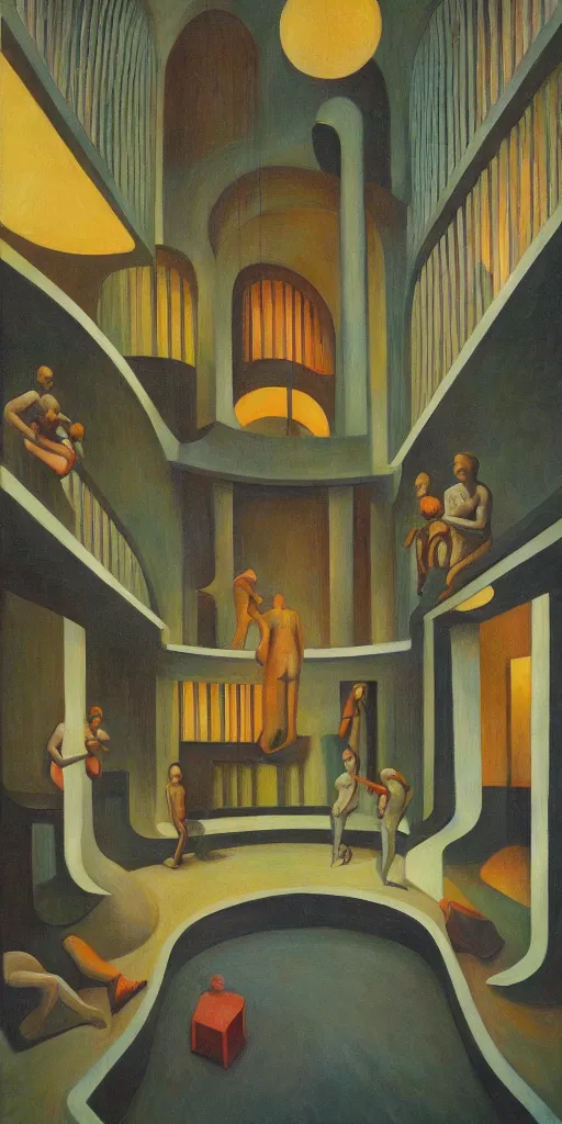 Image similar to fantastical biomorphic atrium, grant wood, pj crook, edward hopper, oil on canvas