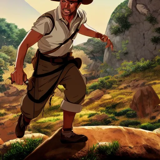 Image similar to Indiana Jones running away from boulder trap, boulder chase, underground sandstone temple background, giant round stone chasing Indian Jones, raiders of the lost ark, anime key visual