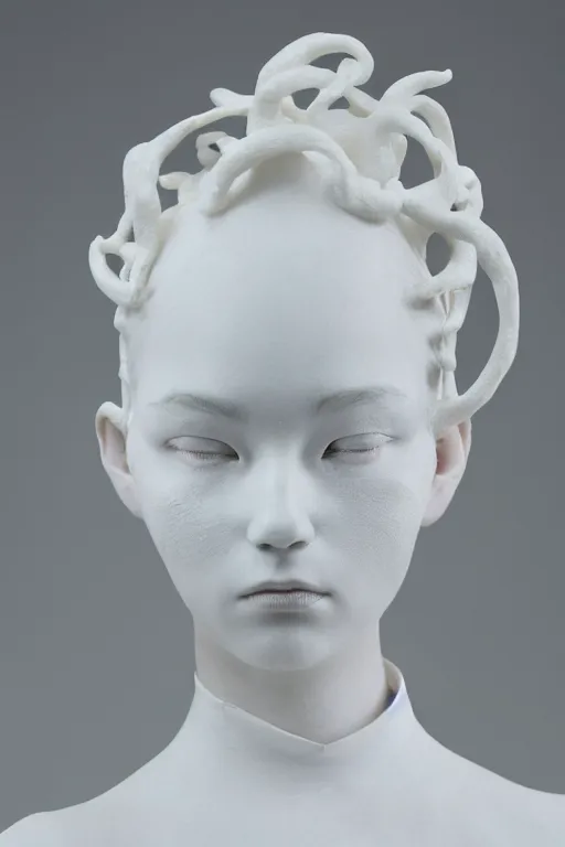 Prompt: full head and shoulders, beautiful female white, porcelain sculpture, jewellery designed by bjork, by daniel arsham and james jean, on a white background, delicate facial features, white eyes, white lashes