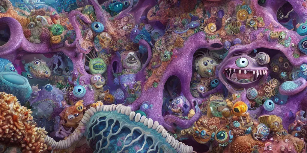 Image similar to of an intricate sea reef with strange cute friendly happy creatures with huge eyes, mouth, long tongue, round teeth and goofy face, appearing from the background, in the style of gehry and gaudi, macro lens, shallow depth of field, ultra detailed, digital painting, trending artstation, concept art, illustration, cinematic lighting, photorealism, epic, octane render