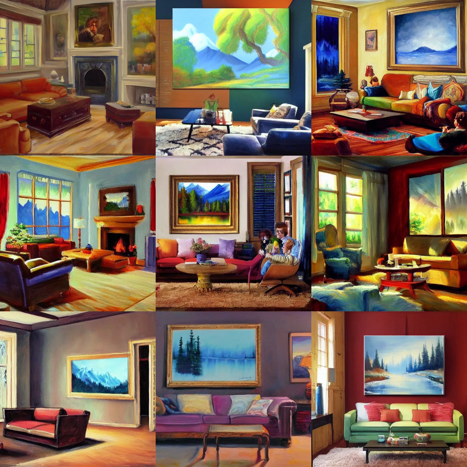 Prompt: a painting of a living room, style of bob ross
