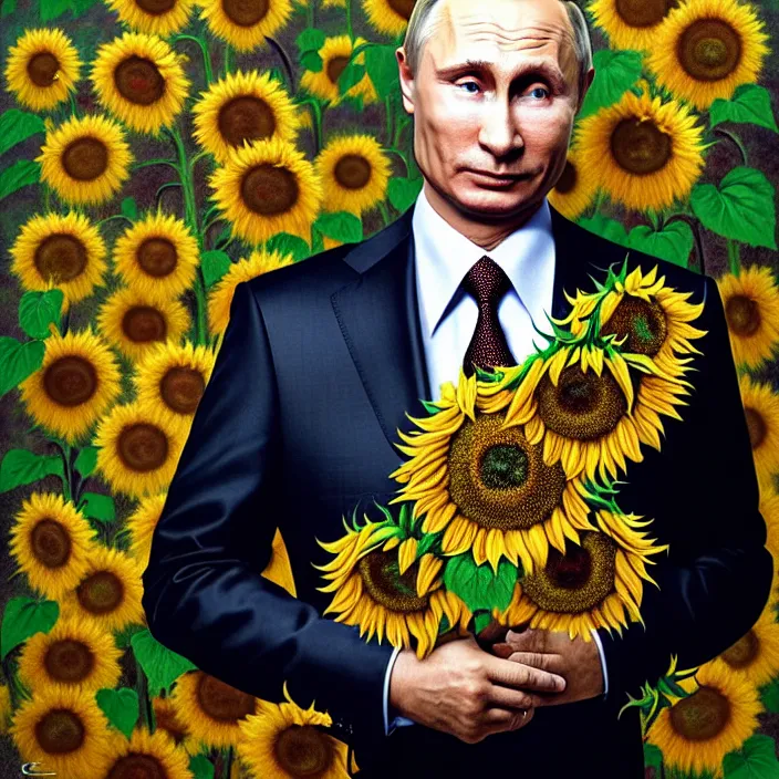 Image similar to photo portrait of Vladimir Putin - sunflowers - dressed in leisure shirt with ornamental ethereal sunflower pattern, natural skin tone, highly detailed realistic flowers ornament on the shirt, raging war and explosions in the background, face is highly detailed, elegant, Realistic, Refined, Highly Detailed, natural soft pastel lighting colors scheme, fine art photography by Cecil Beaton, volumetric lighting, hyper realistic photography