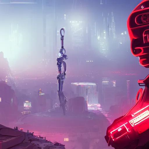 Prompt: character with short white hair, robotic arm, city in background, neonpunk, dystopian, scifi, intricate, detailed red lighting, concept art, trending on artstation