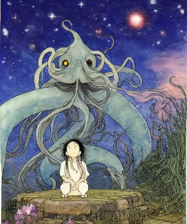 Image similar to a hyperrealist studio ghibli watercolor fantasy concept art. in the foreground is a giant long haired grey squid sitting in lotus position on top of stonehenge with shooting stars all over the sky in the background. by rebecca guay, michael kaluta, charles vess