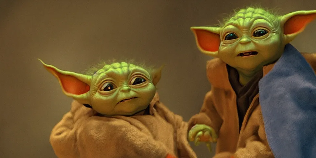Prompt: Baby Yoda and Mando dance, by rembrandt and don bluth, ultra detail, bright natural light, saturated colors