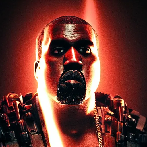 Image similar to Kanye West as the emperor of humanity from warhammer 40k in Gears of War, warzone, battle, splash art, movie still, cinematic lighting, detailed face, face, dramatic, octane render, long lens, shallow depth of field, bokeh, anamorphic lens flare, 8k, hyper detailed, 35mm film grain