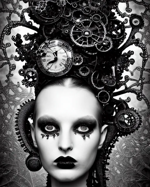 Image similar to surreal dark poetic black and white photo portrait of complex bio-mechanical beautiful young silver female vegetal-cyborg with a Mandelbrot fractal steampunk metal fine lace face, a very long neck and a fine metal floral foliage super big lace collar by Vivienne Westwood:: smoke, high fashion, haute couture, rococo, steampunk, avant-garde, silver filigree details, anatomical, facial muscles, cable wires, microchip, elegant, dreamy, foggy atmosphere, hyper realistic, 150 mm lens, soft rim light, octane render, unreal engine, picture was taken in 1910 by Man Ray, volumetric lighting, dramatic light,8k,