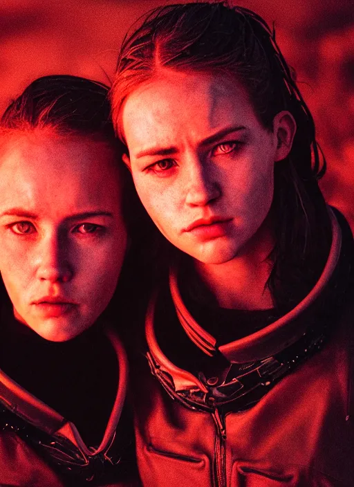 Image similar to cinestill 5 0 d photographic portrait of two loving female androids wearing rugged black techwear on a desolate plain with a red sky, extreme closeup, cyberpunk style, leather garters, dust storm, 8 k, hd, high resolution, 3 5 mm, f / 3 2, ultra realistic faces, ex machina