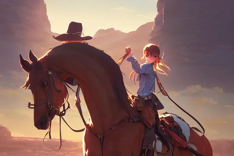 Image similar to western cowgirl, single subject, scenic full shot, ambient lighting, detailed face, by makoto shinkai, stanley artgerm lau, wlop, rossdraws