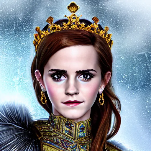 Image similar to Portrait shot, Emma Watson as the Queen of Ice, Ice crystal armor, snow falling, 4k, digital art, trending on art station, hd, doll, colorful backdrop, film grain, gritty, high res, high detail, 8k, render