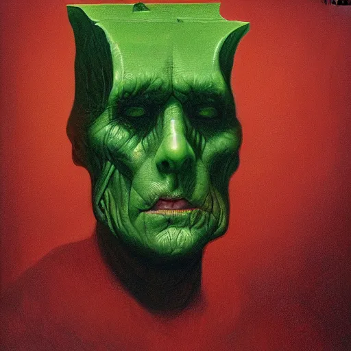 Prompt: Swiss Cheese Man portrait, dark fantasy, green background, artstation, painted by Zdzisław Beksiński and Wayne Barlowe