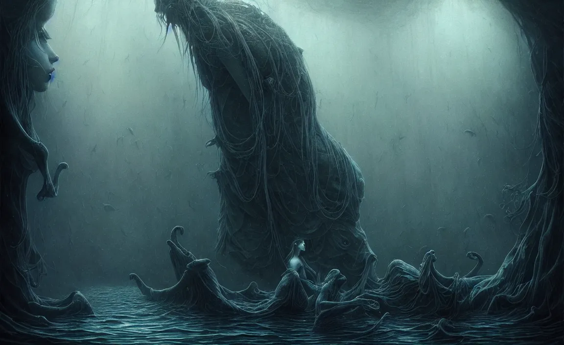 Image similar to epic professional digital art of starving aquatic levaithan, faint bluish moody atmospheric lighting, painted, intricate, detailed, detailed, foreboding, by leesha hannigan, wayne haag, reyna rochin, ignacio fernandez rios, mark ryden, iris van herpen,, epic, stunning, gorgeous, much wow, cinematic, masterpiece.