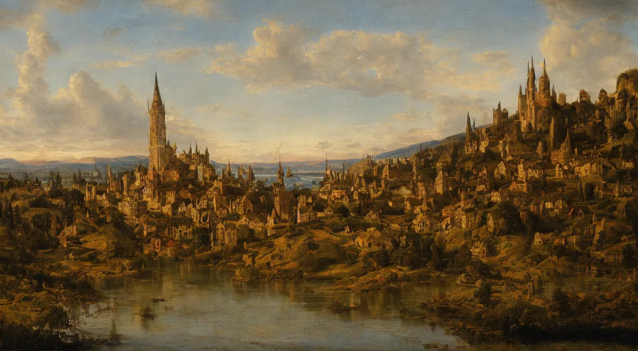 Prompt: A oil painting of a medieval city on the edge of a lake.Achenbach Andreas.Landscapes,Lord of the Rings.4k