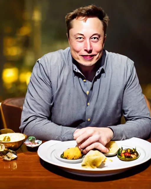 Image similar to a portrait of elon musk sitting at the dining table with a plate containing idli and sambar in front of him, highly detailed, trending on artstation, bokeh, 9 0 mm, f / 1. 4