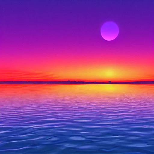 Image similar to A synthwave style sunset above the reflecting water of the sea, digital art