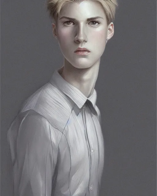 Image similar to portrait of 1 5 - year - old boy, a tall, slender boy with a pale, pointed face, sleek blond hair, and ice grey eyes, cold grey eyes, highly detailed, digital painting, artstation, concept art, smooth, sharp focus, illustration, art by artgerm and greg rutkowski and alphonse mucha