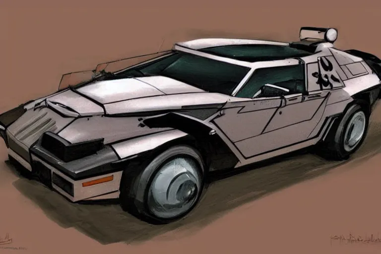 Image similar to Concept art of a 1980s wedge car. Dieselpunk.