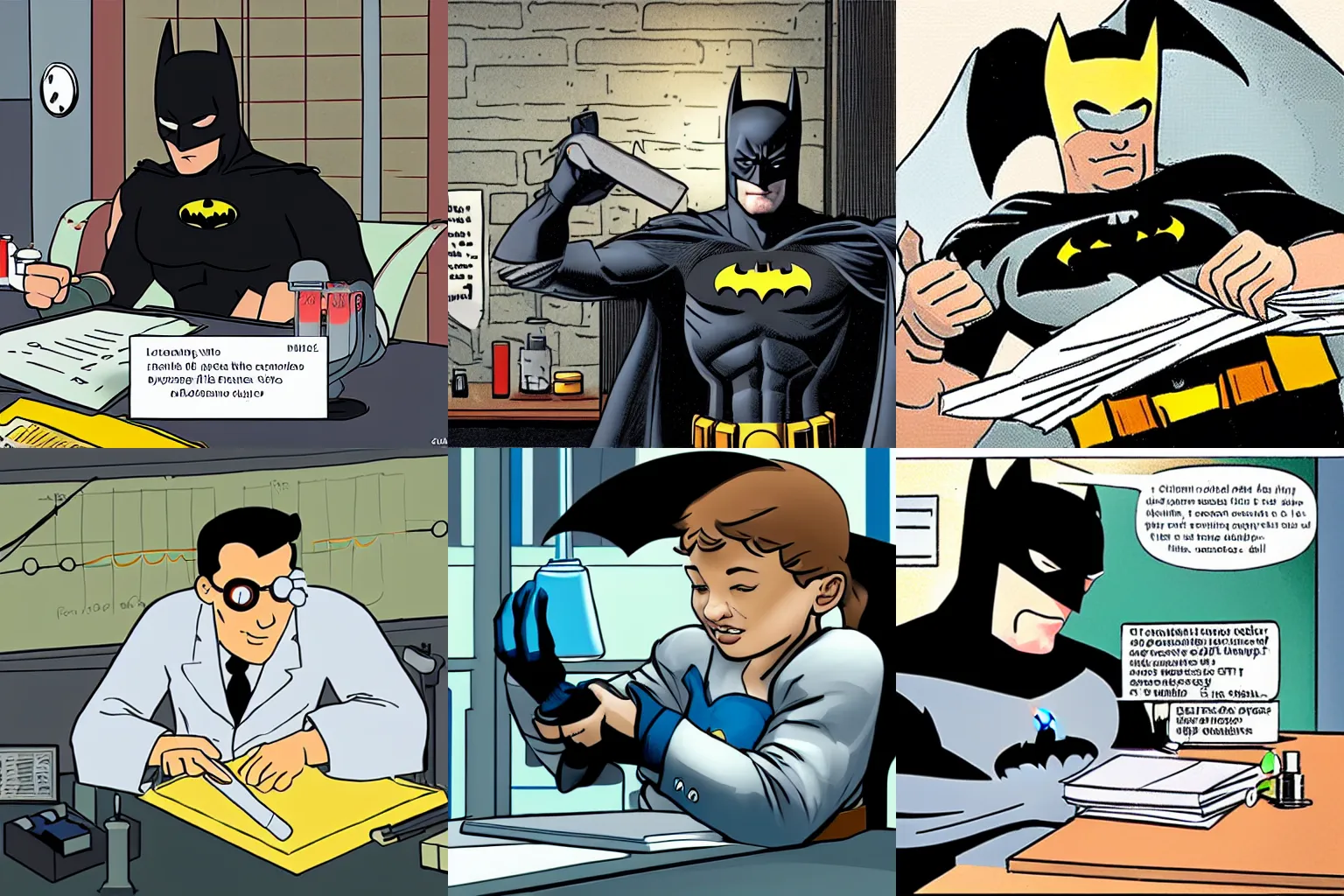 Prompt: batman studying science at lab